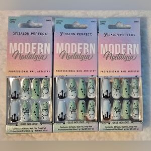 3pk Blue Green UFO Salon Perfect Modern Nostalgia Nail Sets - (Coffin Long)